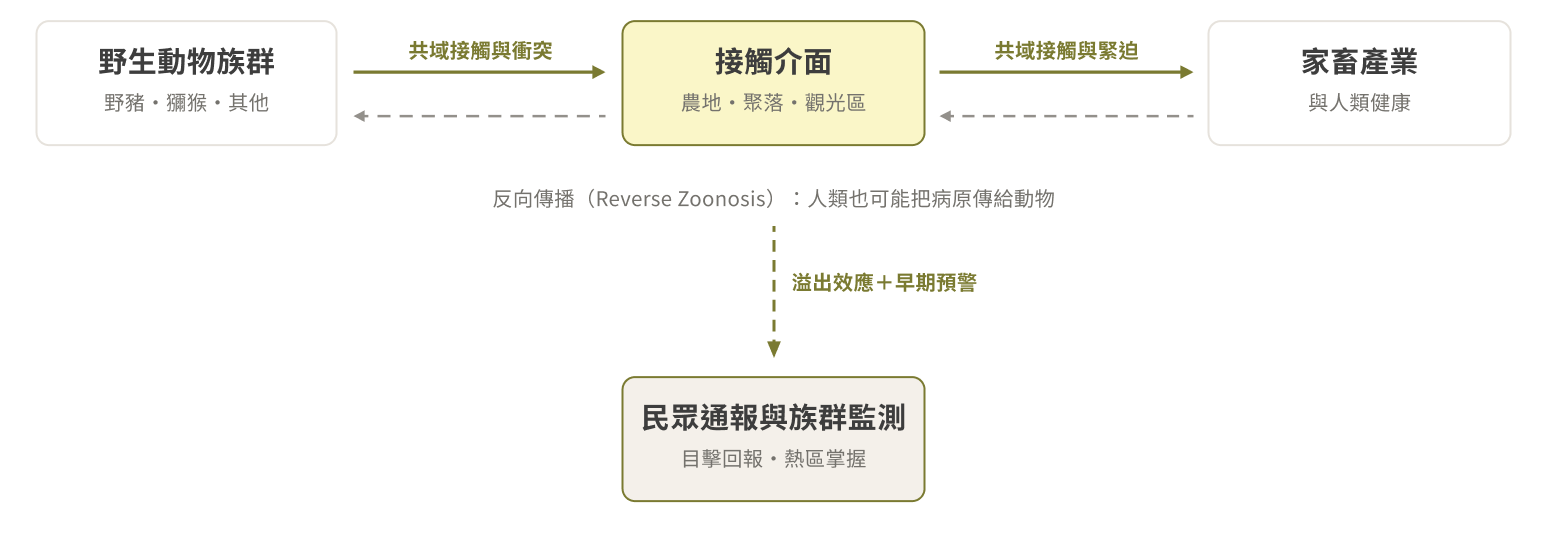 人、家畜與野生動物之接觸介面早期預警圖解